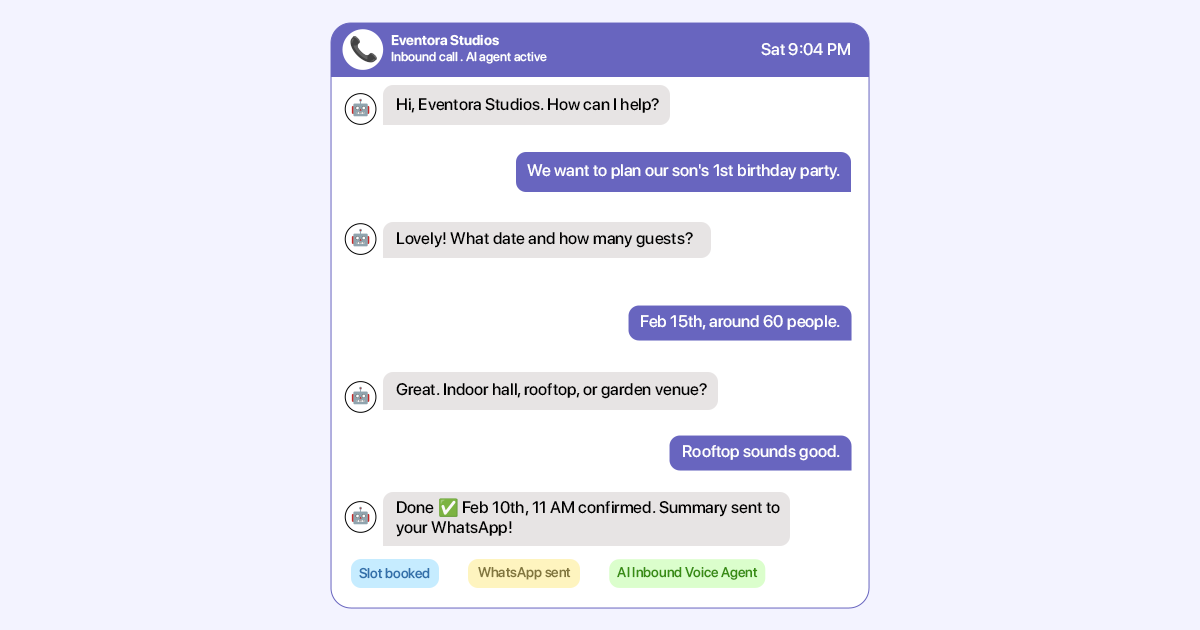 This image explains how the Inbound AI Voice Agent helps Event management companies to handle incoming calls